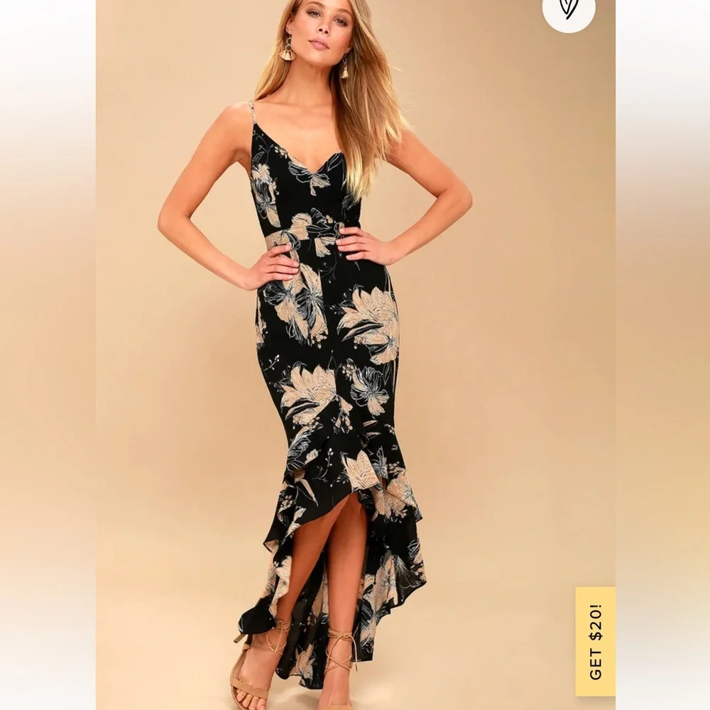 Lulu's Darling Day Lily black floral print, High Low Maxi Dress, size XS GUC - Picture 1 of 2